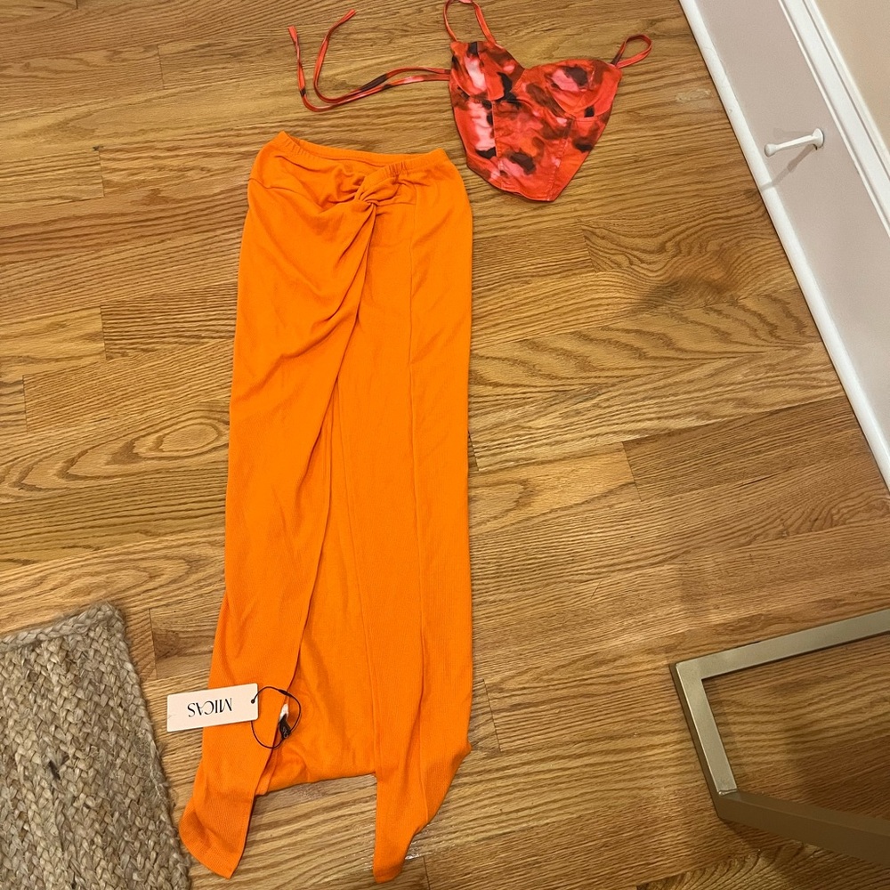 Floral crop top and orange skirt set